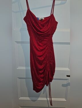 🦋2/$15🦋 Red Sparkle Cowl Mini Dress with Ruched Side